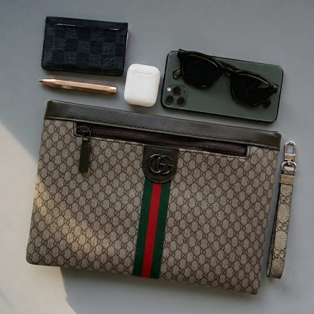 Classic Ebene Checkered Zip-Around Pouch – Luxury Unisex Utility Clutch