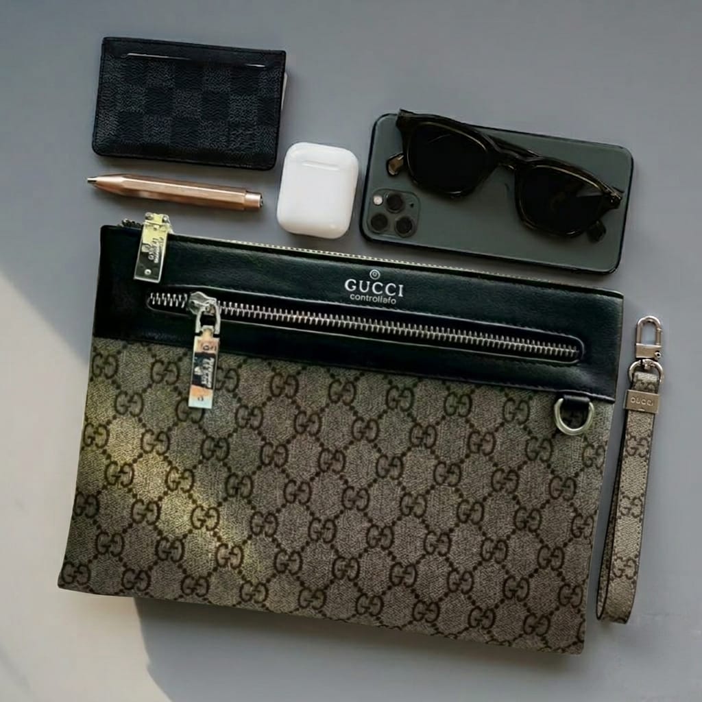 Classic Ebene Checkered Zip-Around Pouch – Luxury Unisex Utility Clutch
