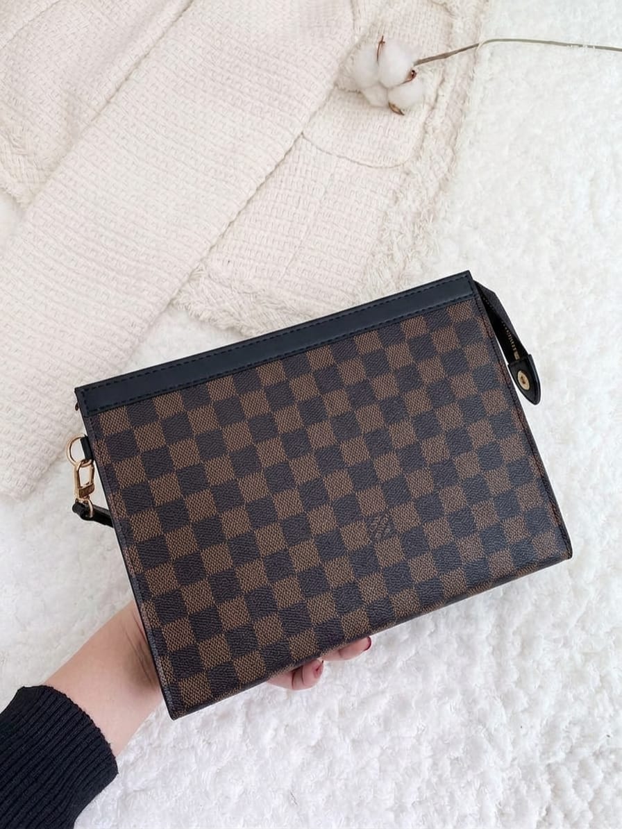 Classic Ebene Checkered Zip-Around Pouch – Luxury Unisex Utility Clutch