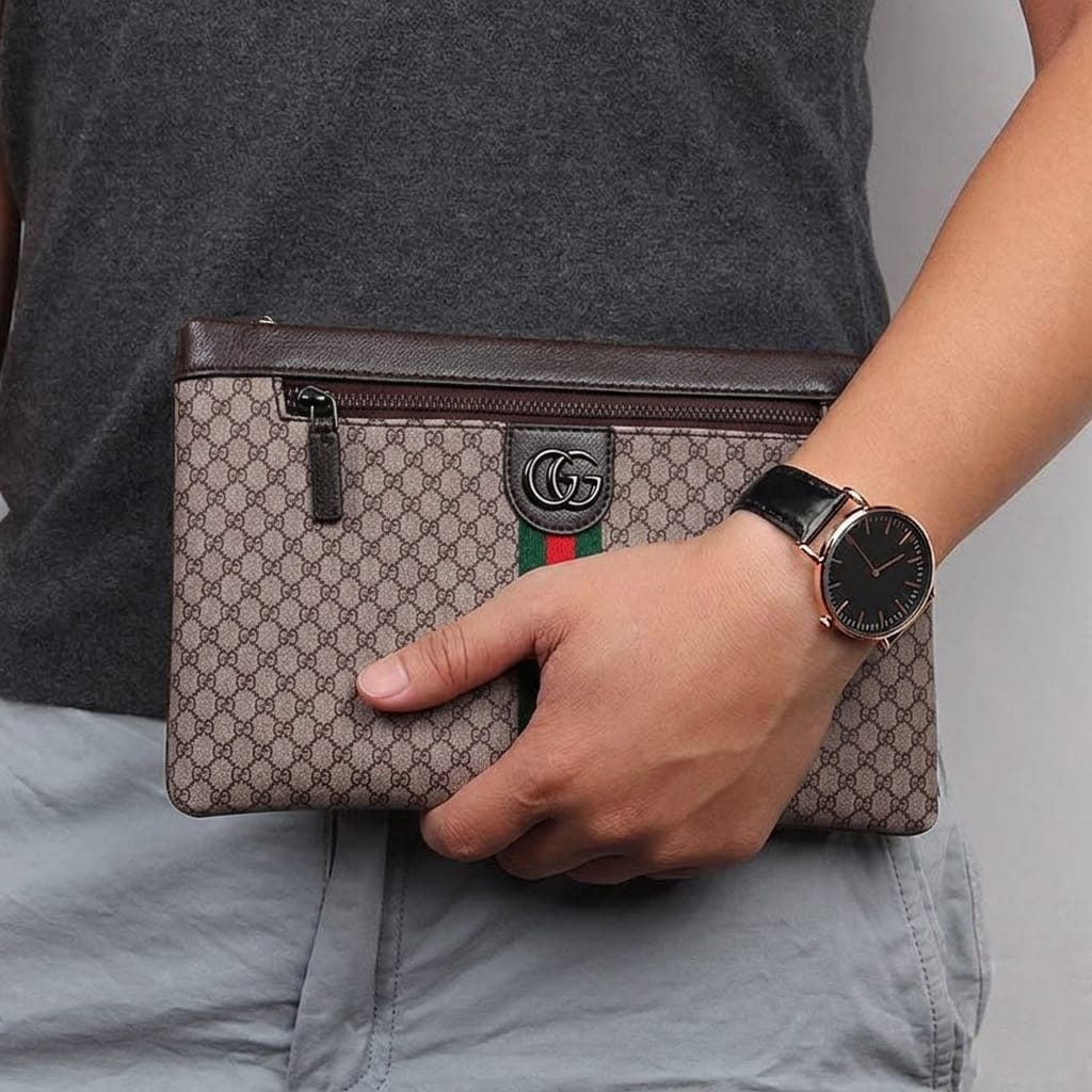Classic Ebene Checkered Zip-Around Pouch – Luxury Unisex Utility Clutch