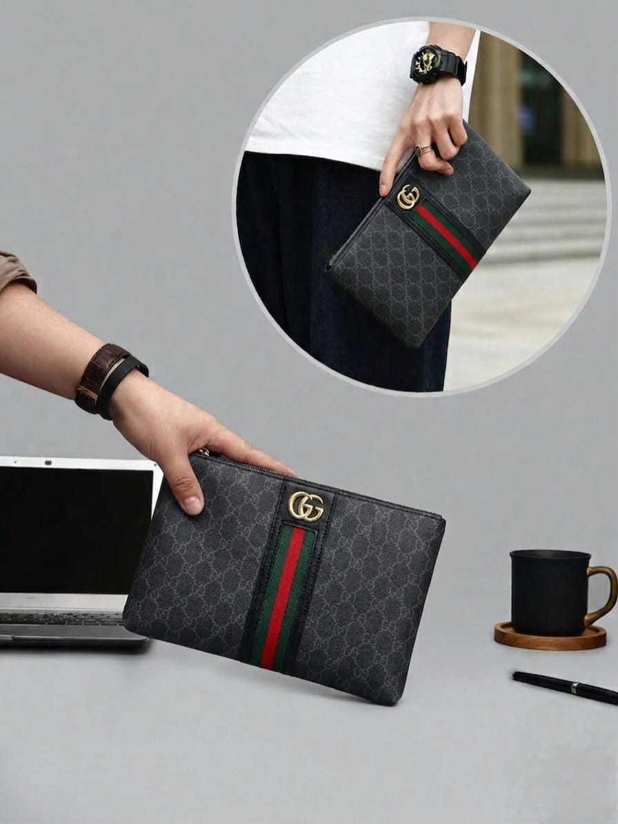 Classic Ebene Checkered Zip-Around Pouch – Luxury Unisex Utility Clutch