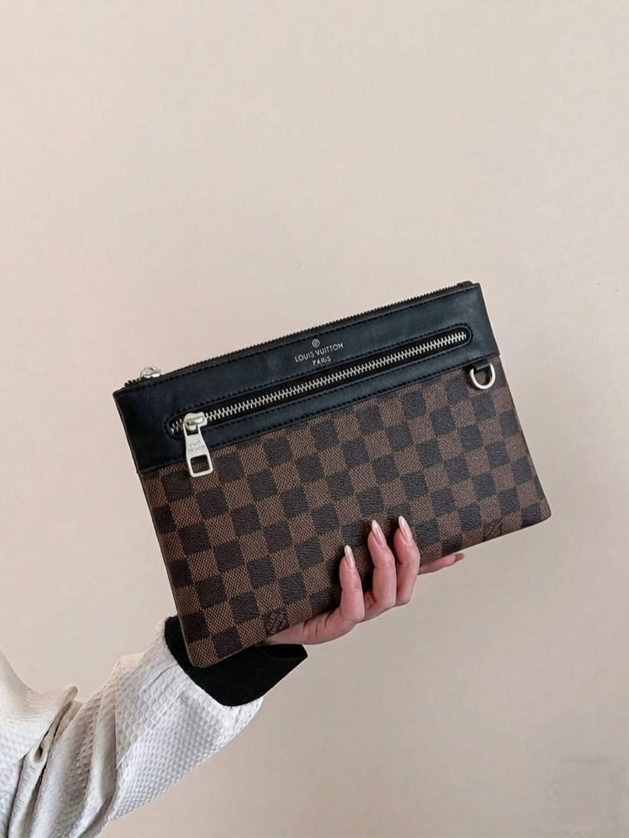 Classic Ebene Checkered Zip-Around Pouch – Luxury Unisex Utility Clutch