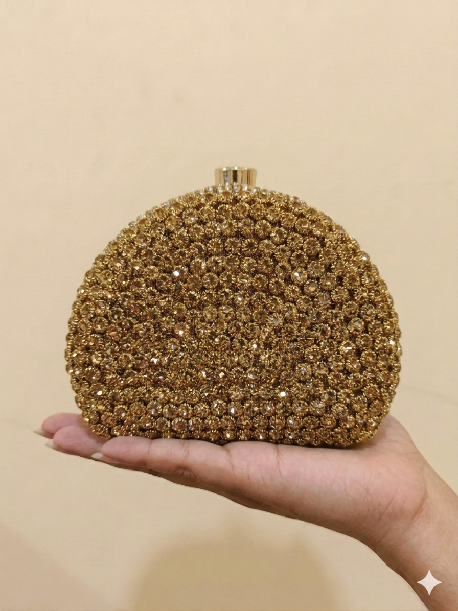 Luxury Full Crystal Studded Golden Bridal Clutch